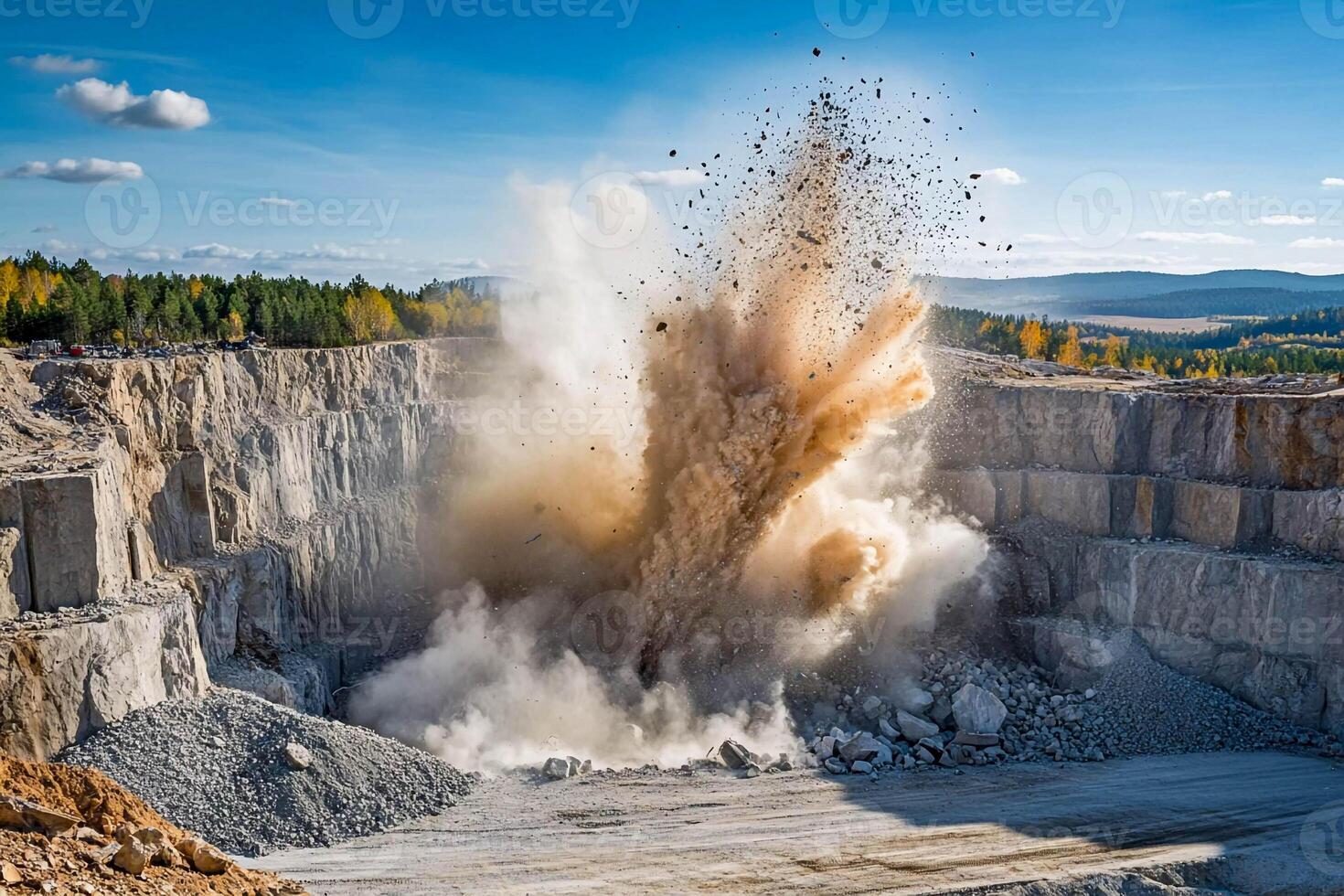 Explosion occurs at a stone quarry surrounded by autumn foliage in a clear sky photo