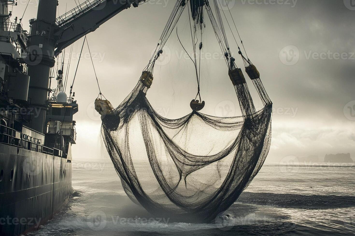 Fishing vessel retrieving a large net from the ocean during a cloudy morning while preparing for the next catch photo
