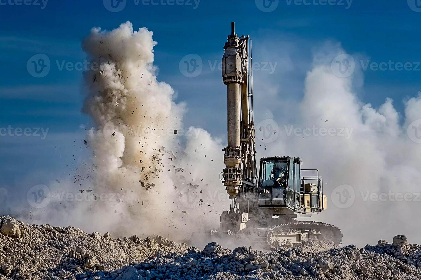 Construction equipment drills into the ground, creating dust clouds in an industrial area during daytime photo