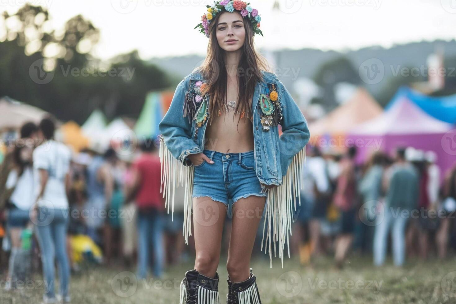 A woman in denim shorts and cowboy boots at a music festival photo