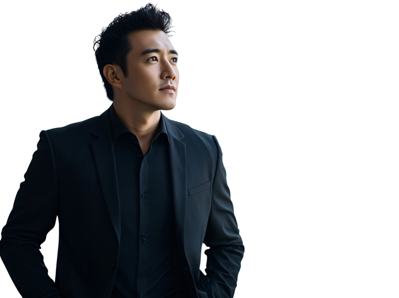 Confident Asian Man in Black Suit Pensive Expression Portrait png