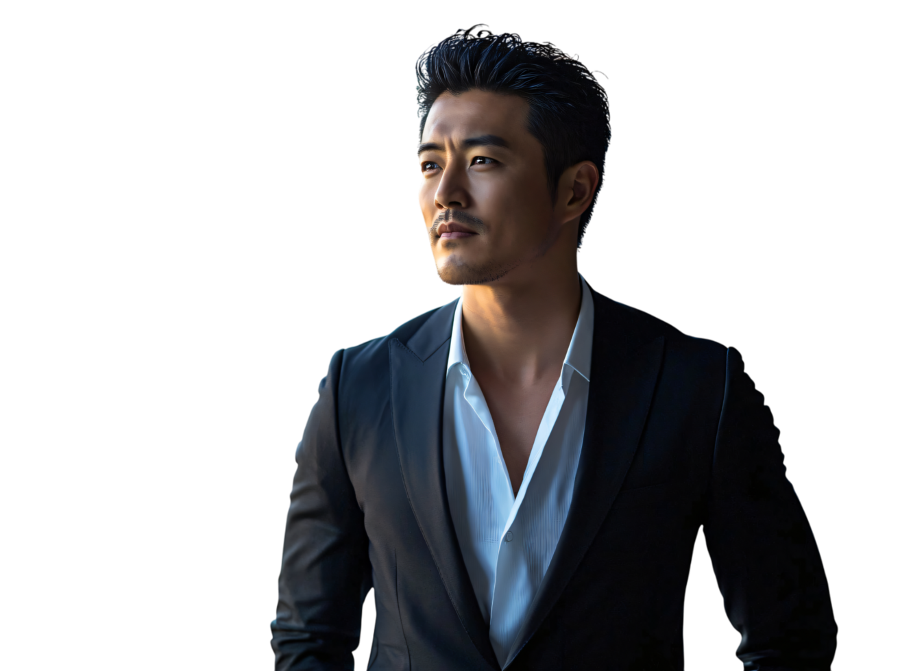 Confident Asian Man in Dark Suit Pensive Expression Dramatic Lighting Portrait png