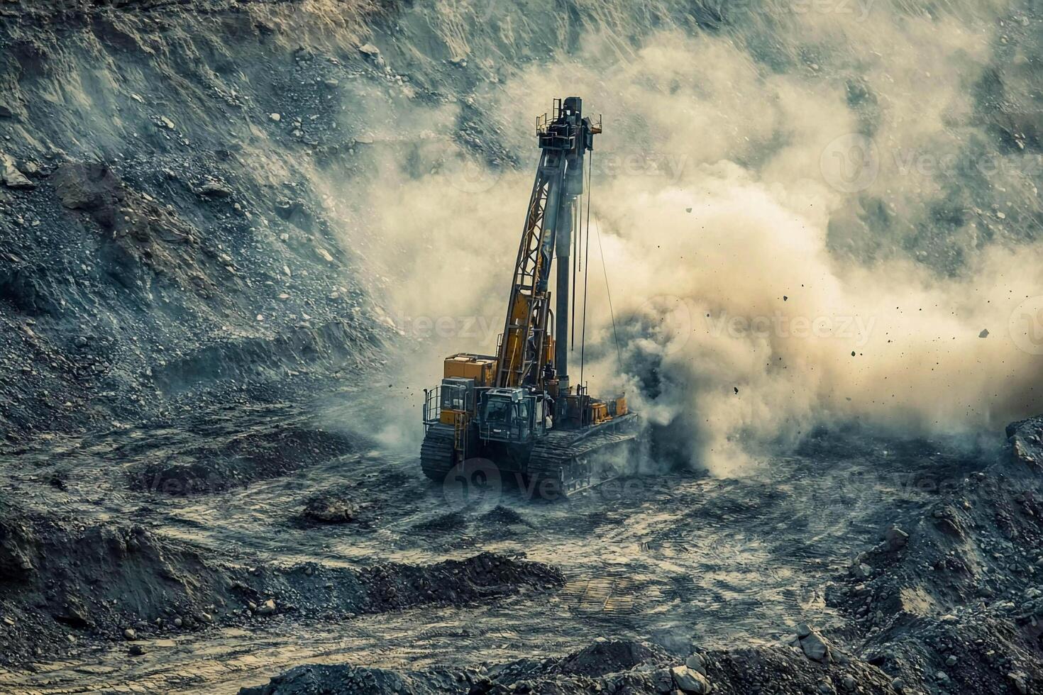 A large excavator is digging up dirt photo