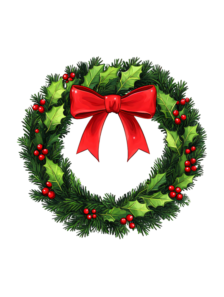 Festive Christmas Wreath with Holly Berries and a Red Bow Holiday Decoration png