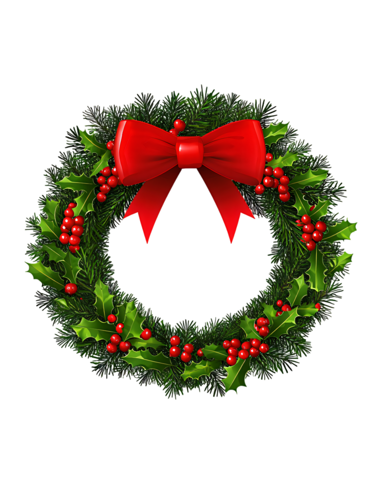 Festive Christmas Holly Wreath with Red Bow Winter Holiday Decoration png