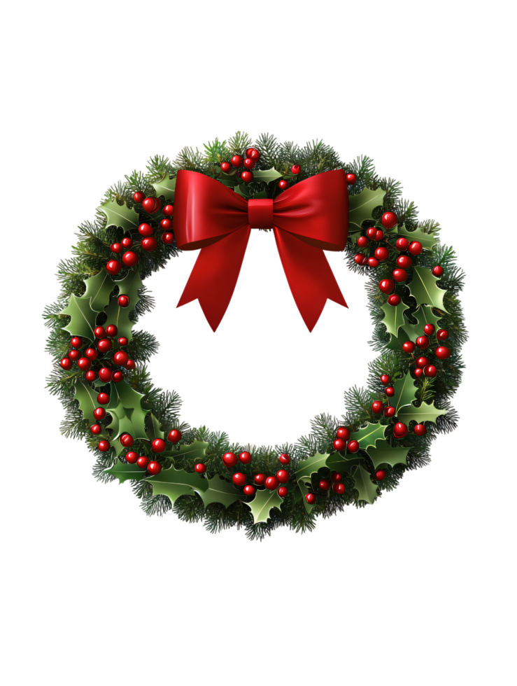 Festive Christmas Wreath with Holly Berries and Red Bow Holiday Decoration png