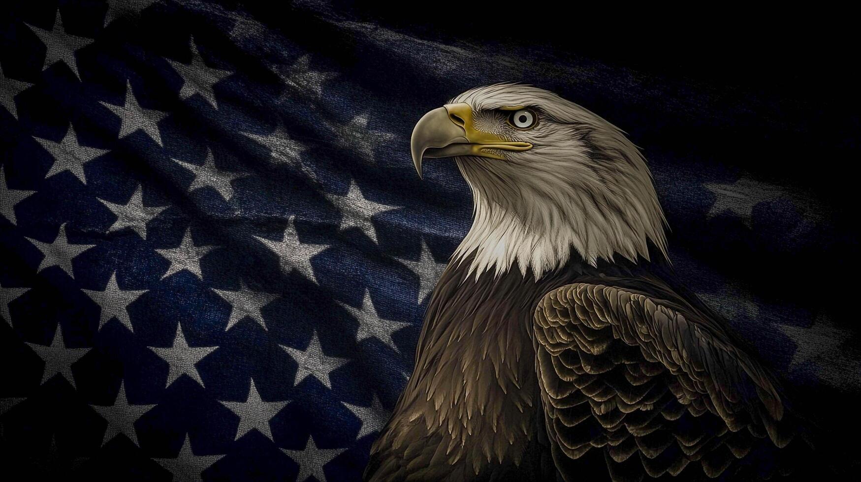 Bald eagle stands prominently in front of a dark American flag background showcasing national pride and wildlife beauty photo