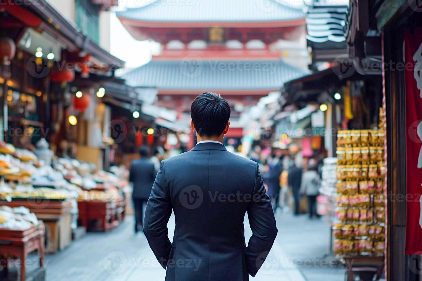 A man in a suit is walking down a narrow street photo
