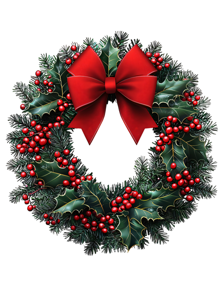Festive Christmas Wreath with Holly Berries Pine and a Red Bow png