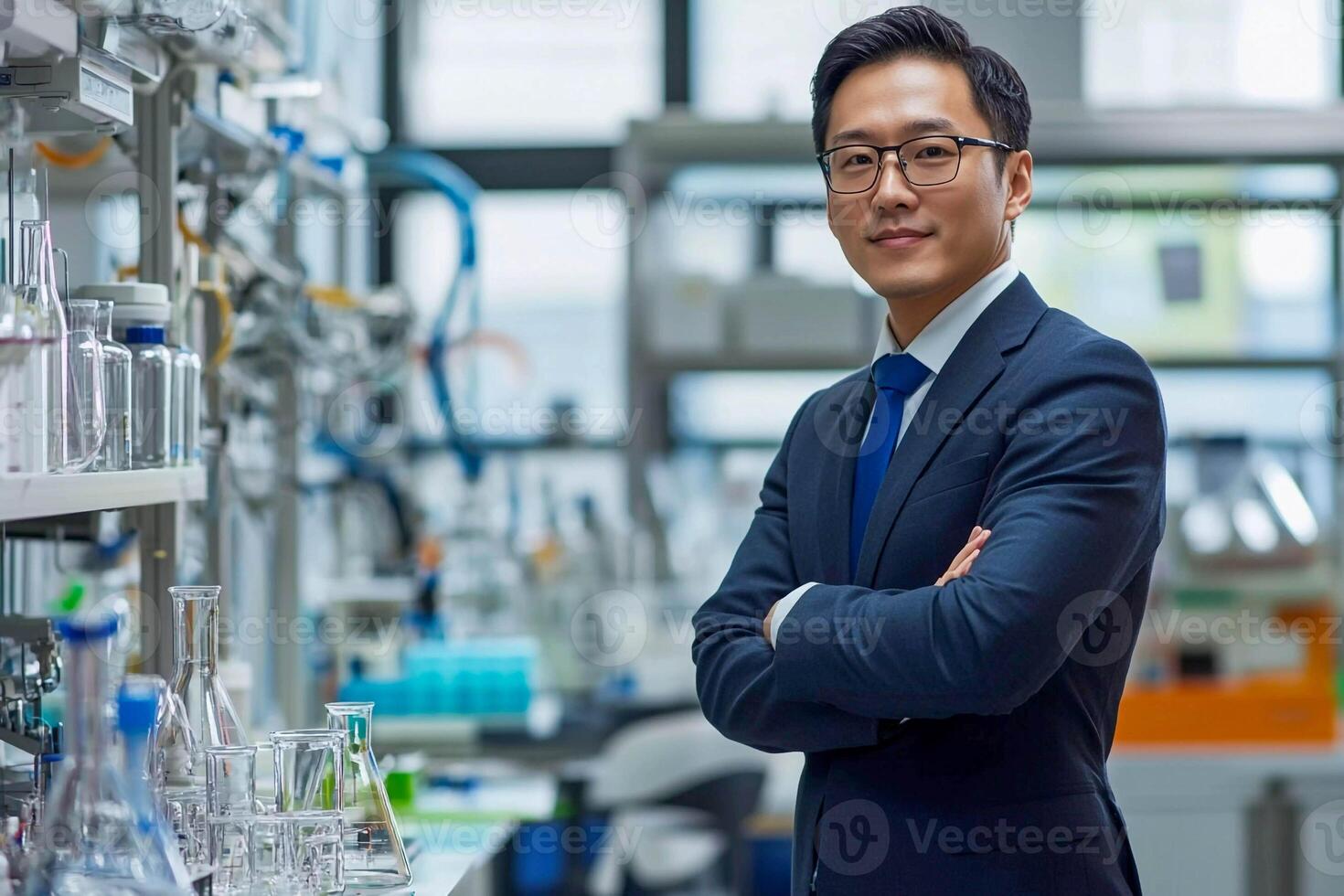 A man in a suit and tie standing in a laboratory photo