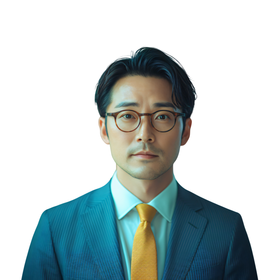 Confident Asian Businessman in Blue Suit Glasses Yellow Tie Portrait png