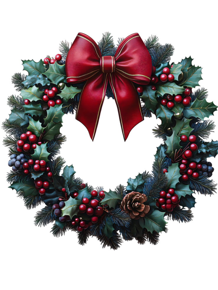 Festive Christmas Wreath with Red Bow Holly Berries and Pine Cones png
