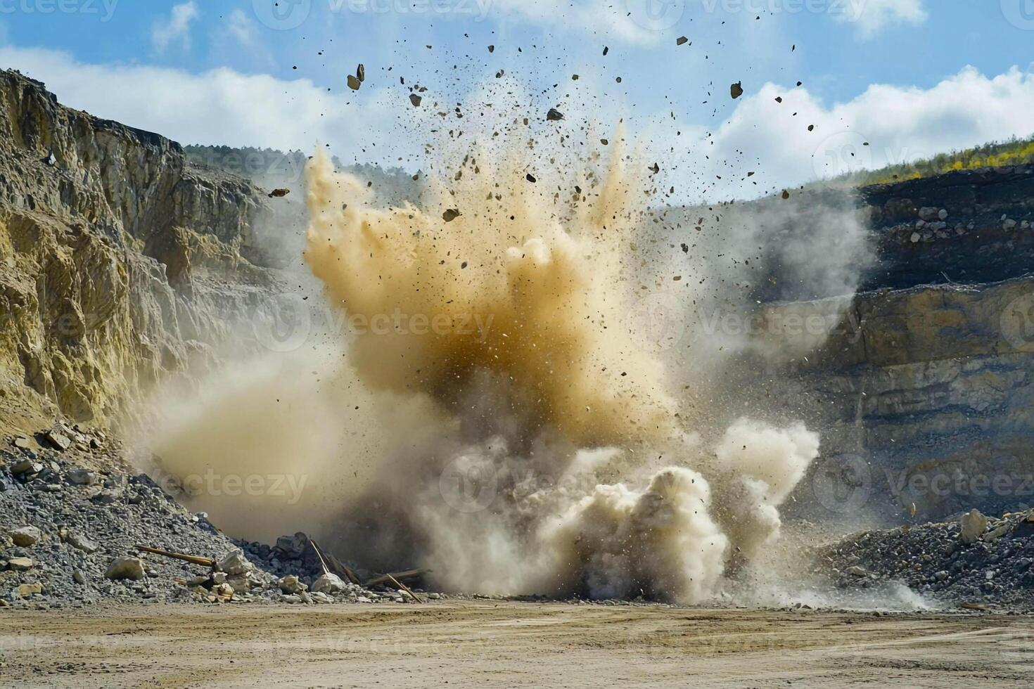 Explosion occurring in a mining site with dust and debris flying into the air during daylight hours photo