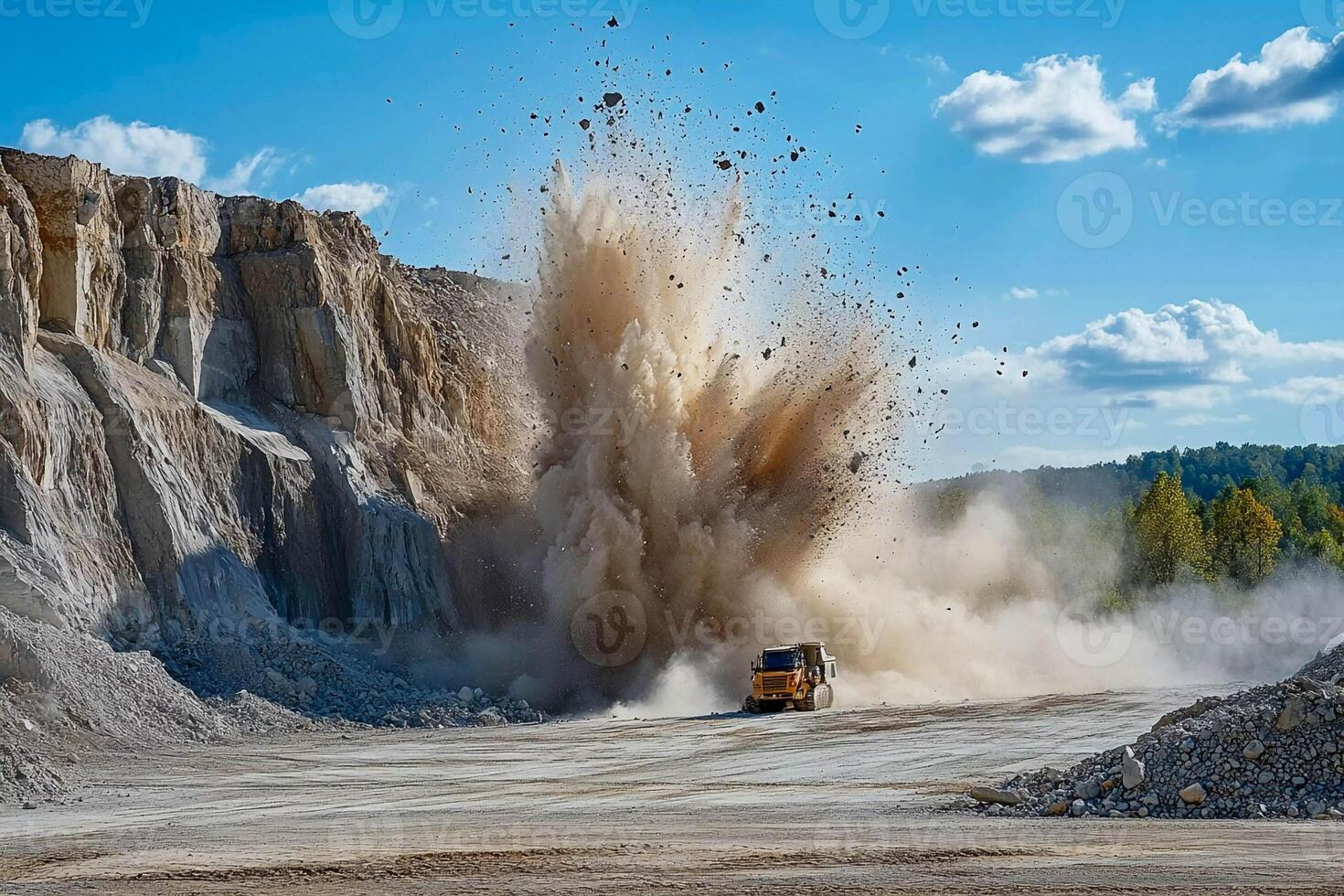 A dump truck is driving through a quarry photo