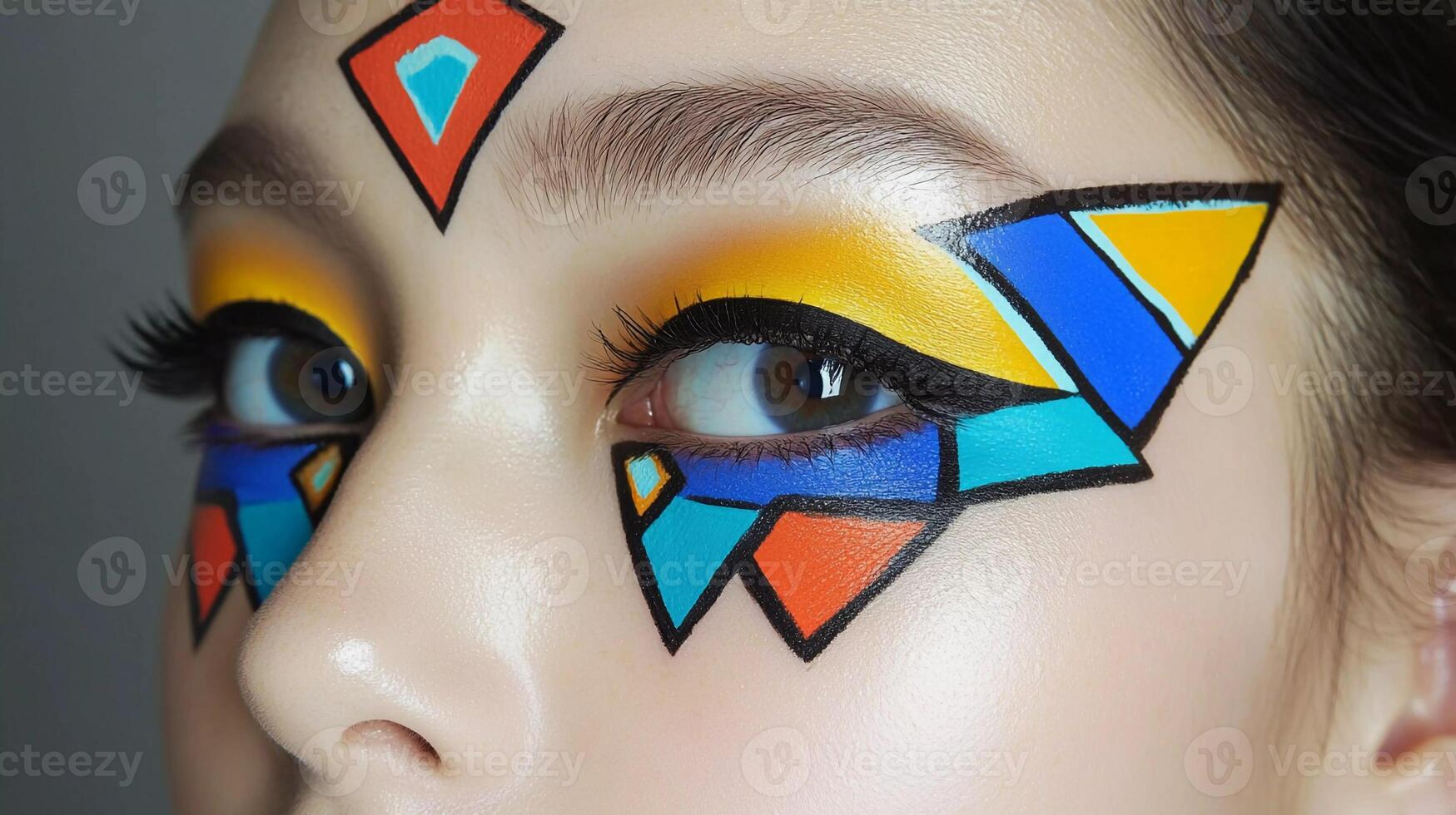 A woman with colorful makeup on her face photo