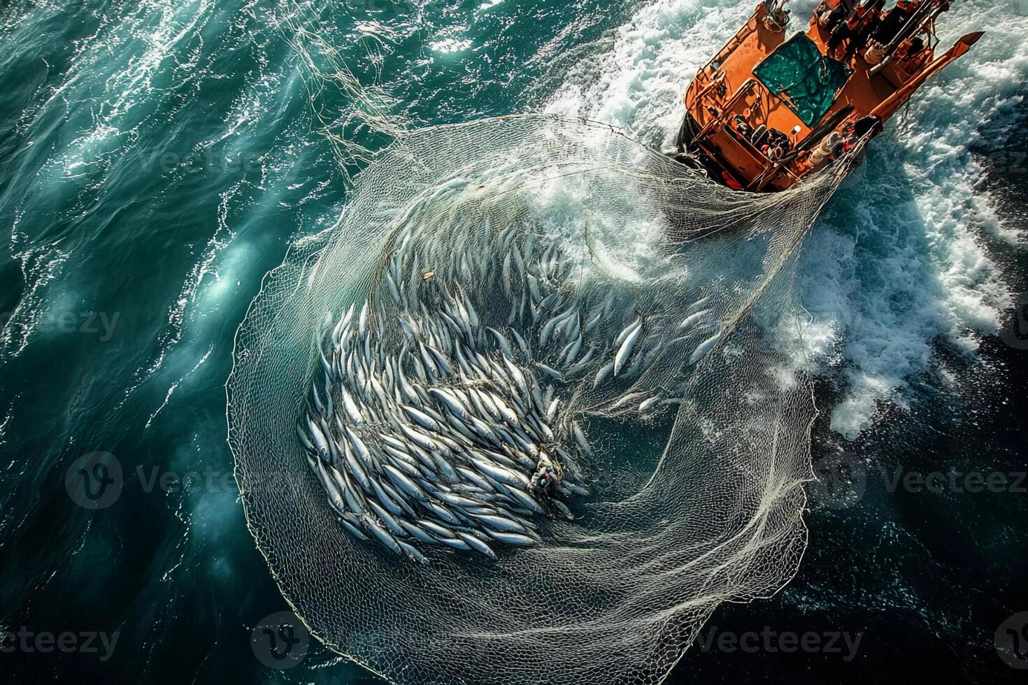 Fishing boat casting net to catch fish in vibrant ocean waters during bright daylight photo