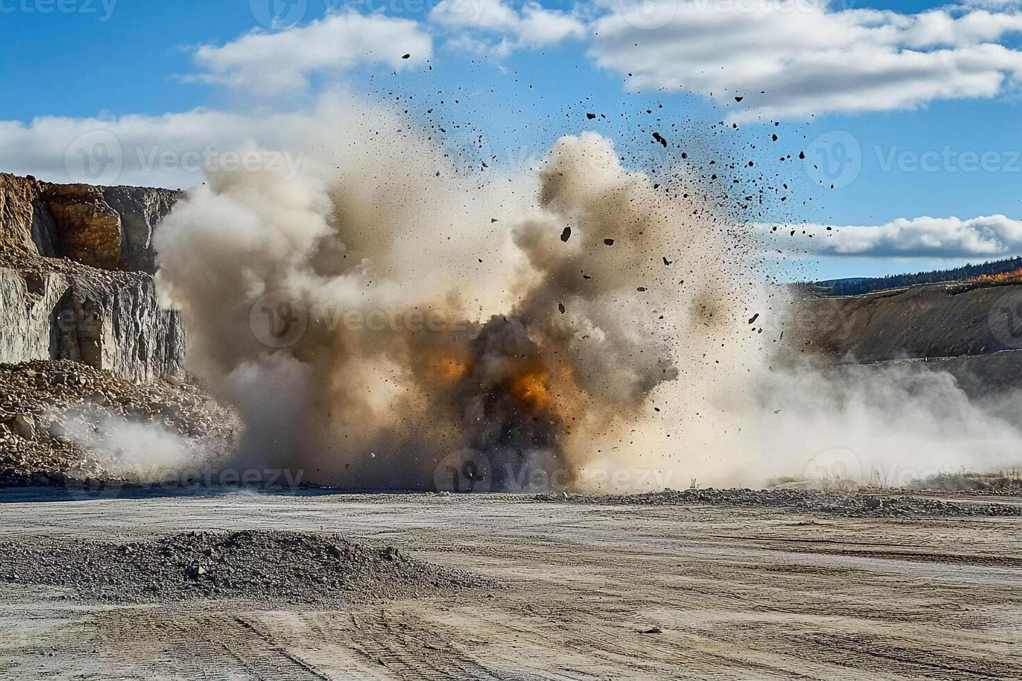 Explosion at construction site creates large plume of smoke and debris against a bright blue sky in a quarry setting photo