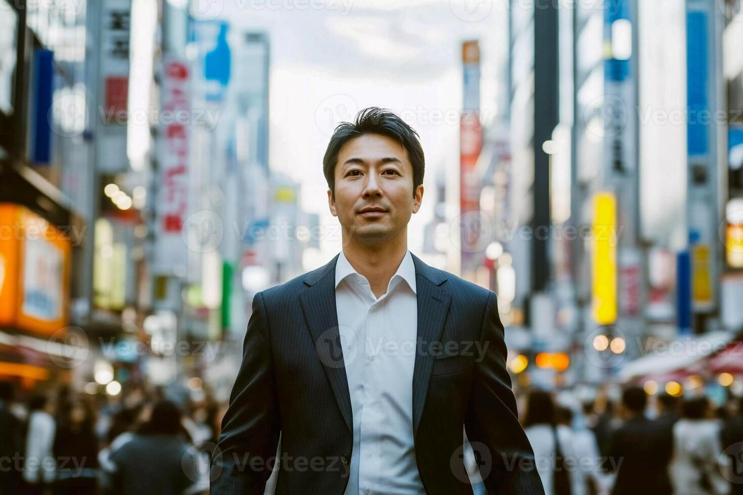 A man in a suit and tie standing in a crowded city photo