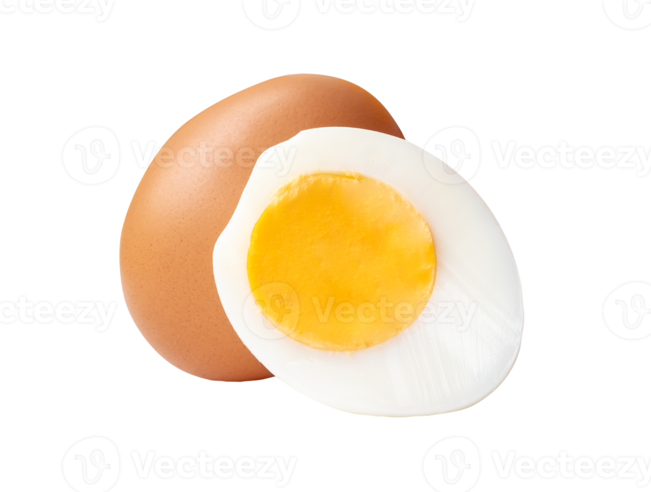 Raw brown chicken egg and cooked or boiled chicken egg with egg yolk in half isolated with clipping path in file format png