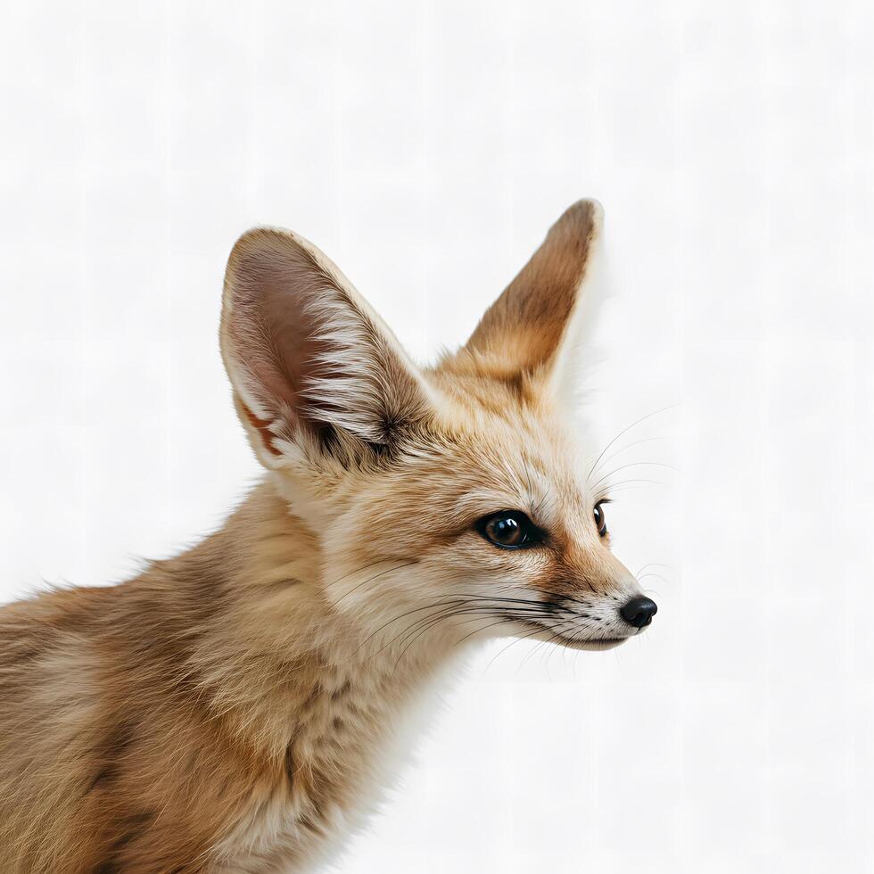 Close-up of a Fennec Fox Profile against a White Background photo