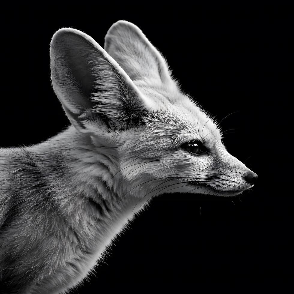 Close-up black and white profile of a Fennec Fox. photo