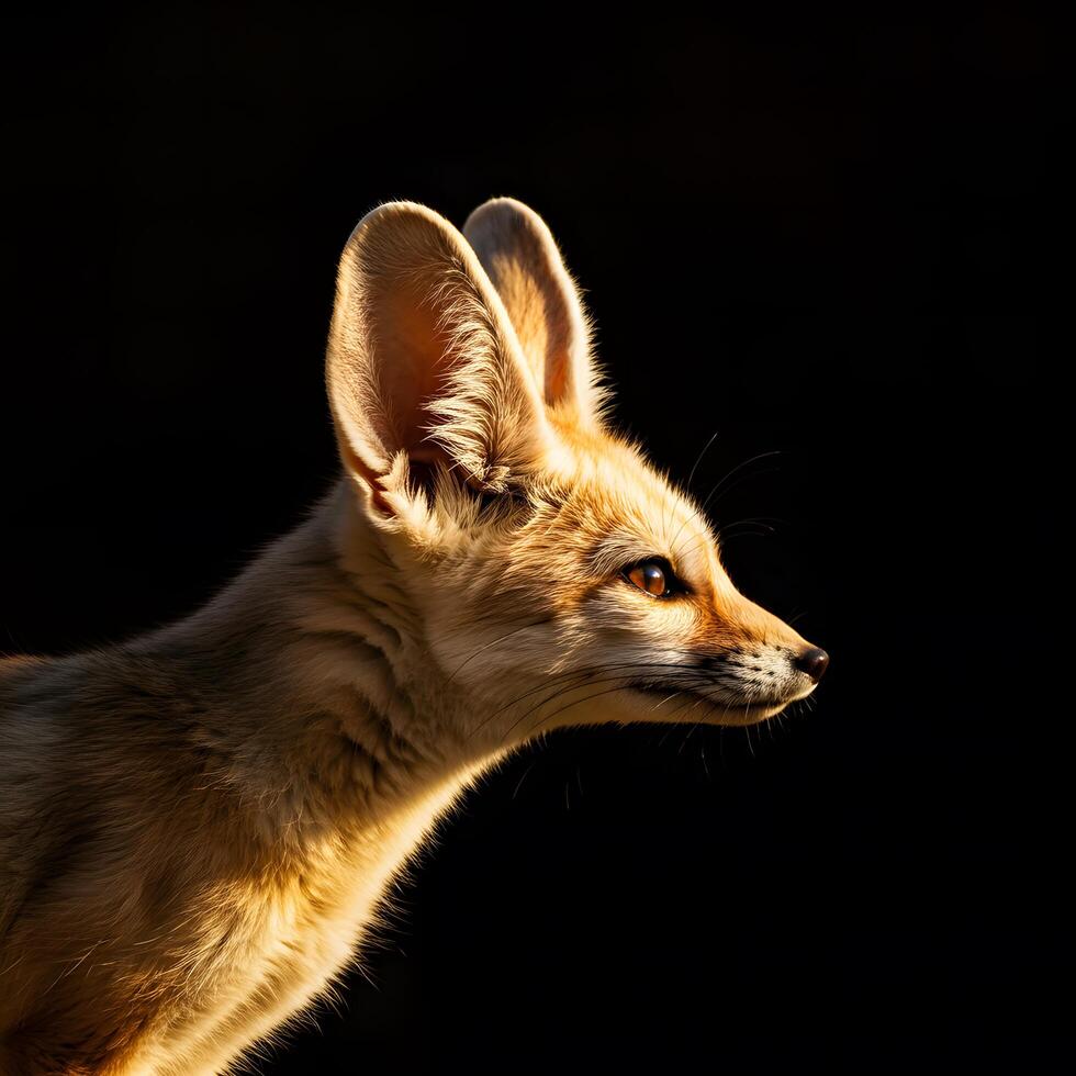 Close-up of a Fennec Fox Profile in Silhouette Against Dark Background photo