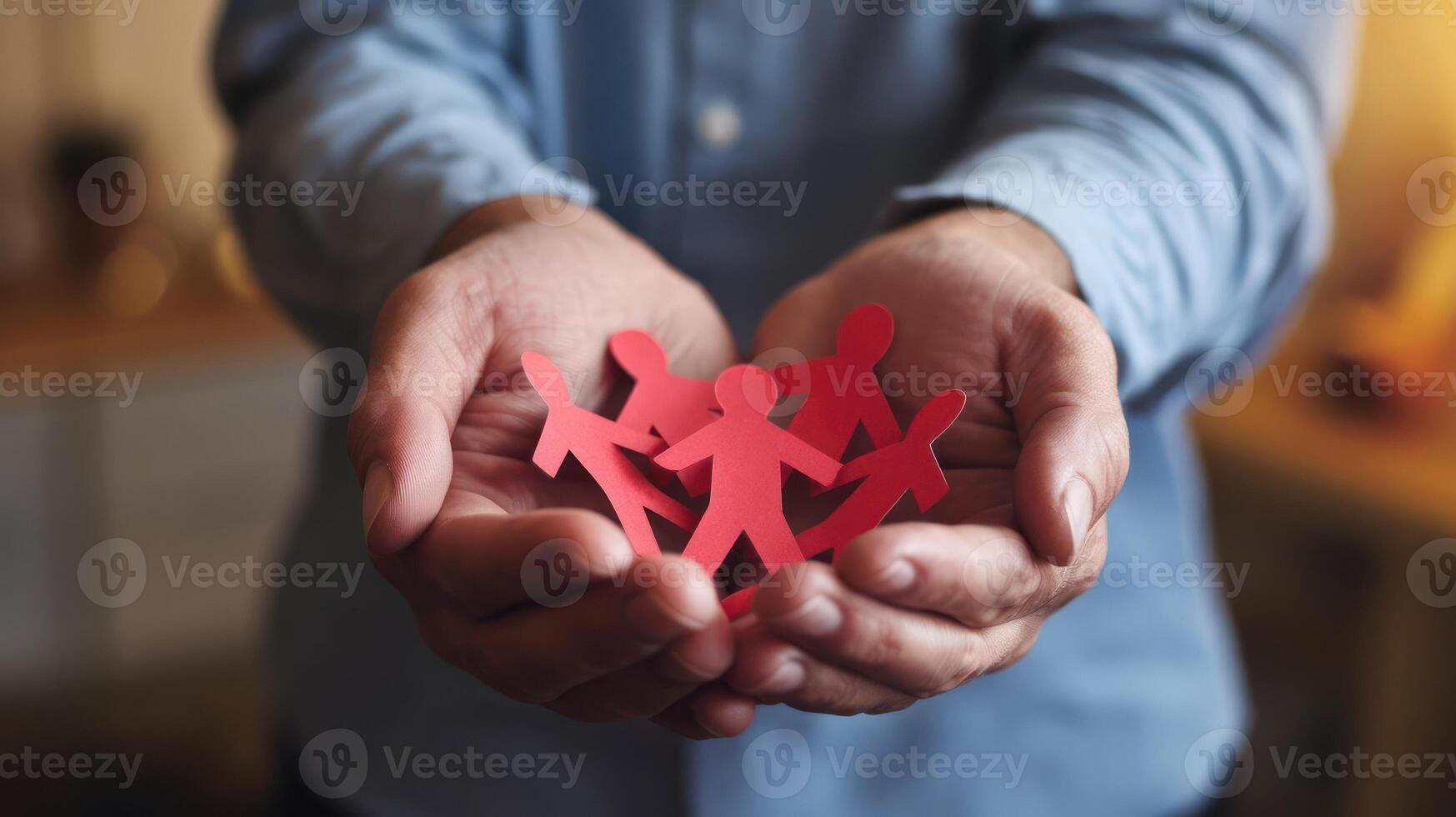 Caring Hands Holding Group of Red Figures Representing Cooperation and Management photo