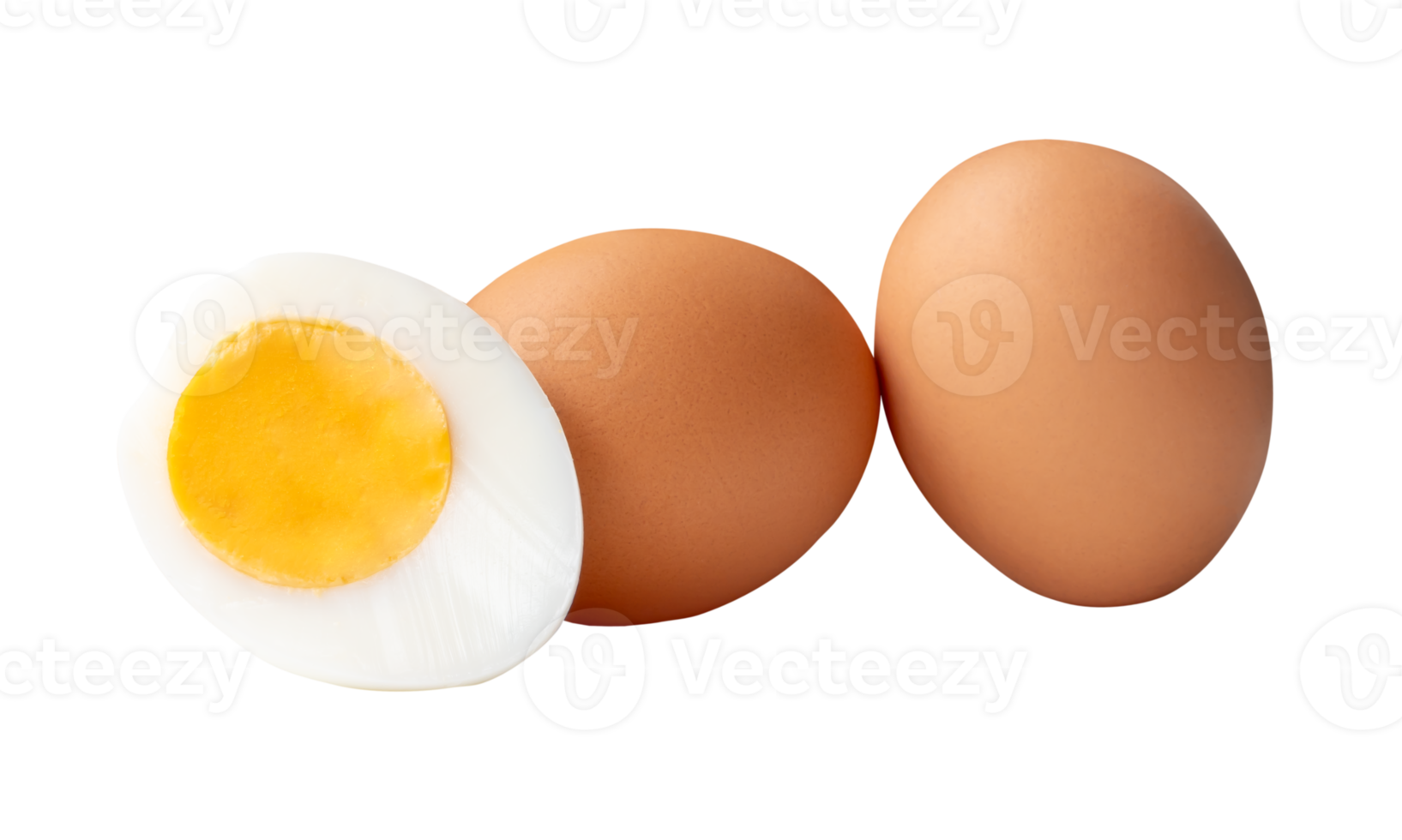 A horizon heap of raw brown chicken eggs and cooked or boiled chicken egg with egg yolk in half isolated with clipping path in file format png