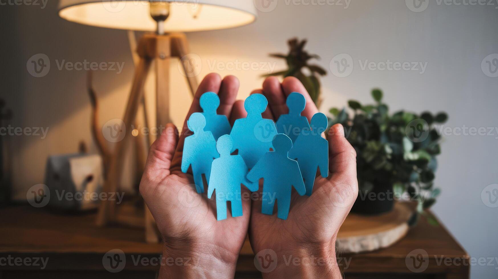 Close Up of Hands Holding Blue Wooden Figures Symbolizing Community Teamwork and Leadership photo