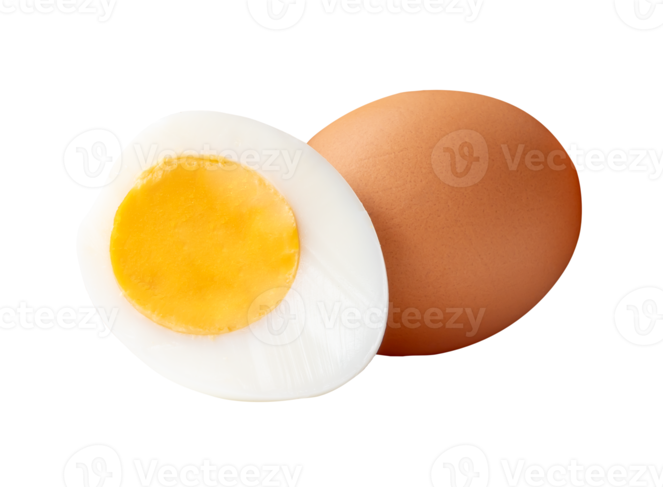 Front view of raw brown chicken egg and cooked or boiled chicken egg with egg yolk in half in small pile isolated with clipping path in file format png