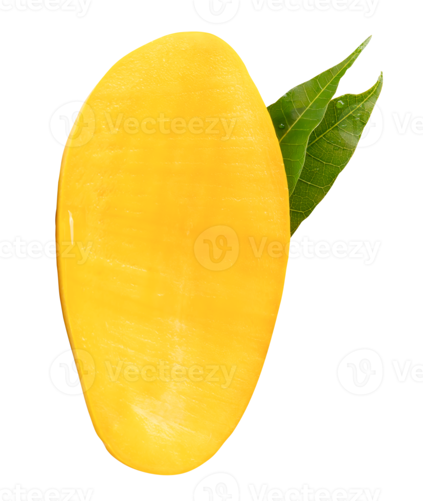 A half of mango fruit with green leaves isolated with clipping path in file format png