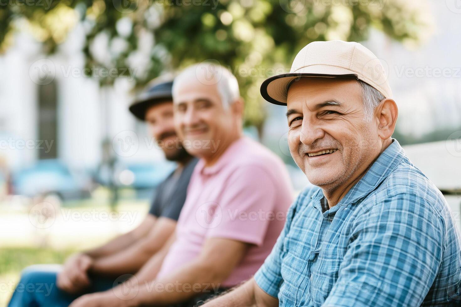 Group of old men sit together on bench. Small town lifestyle, photo
