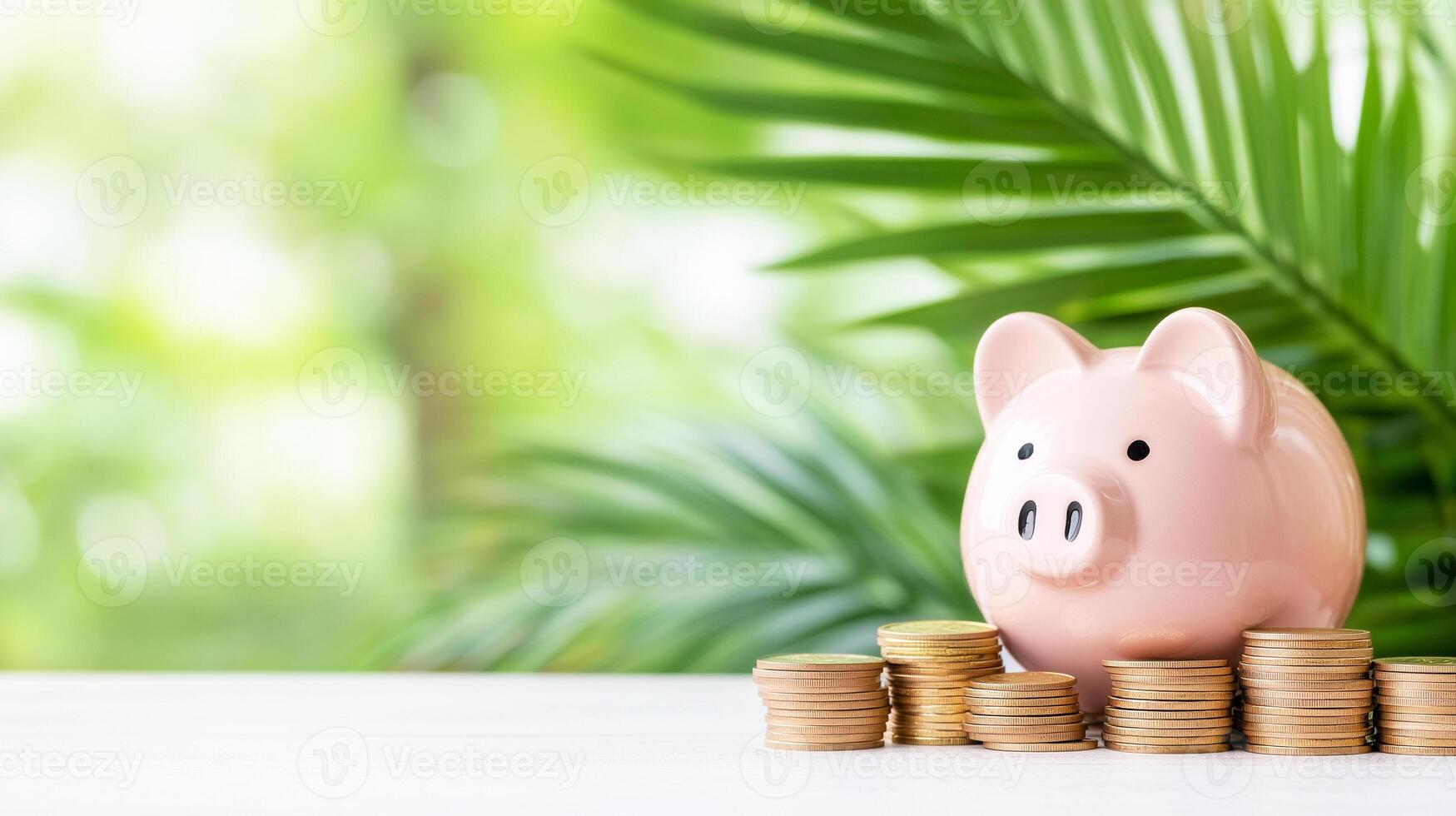 green savings or retirement or vacation fund background with piggybank and coins under palm tree photo
