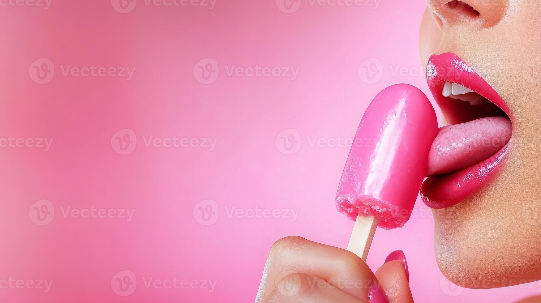 woman licking ice pop suggestively on pink background with copy space photo