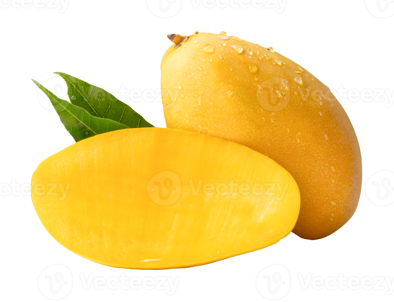 Ripe mango fruit and half with green leaves and water droplets in stack isolated with clipping path in file format png