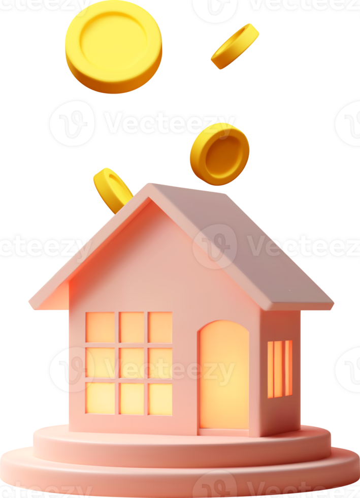 3D toy house on podium with falling coins png