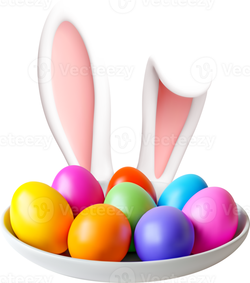 3D colorful easter eggs with bunny ears in plate. png