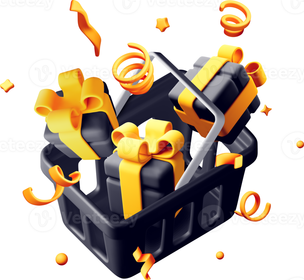 3D black shopping basket with gift box in confetti png
