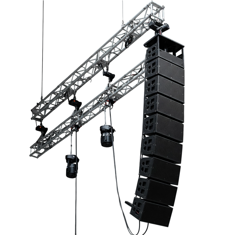 Stage rigging with truss, lighting, and sound system. png