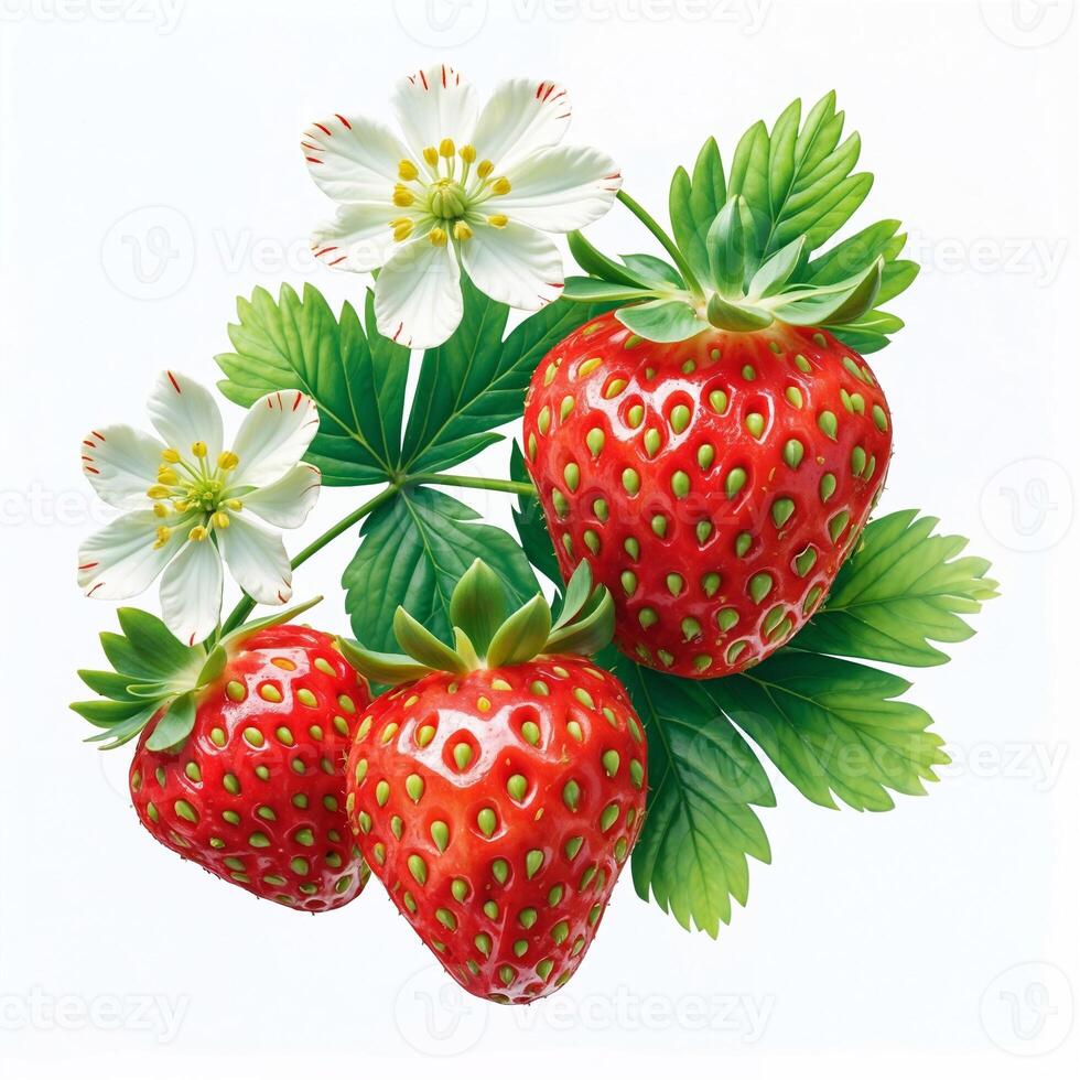 Fresh juicy strawberries with delicate white flowers - photorealistic botanical art. photo