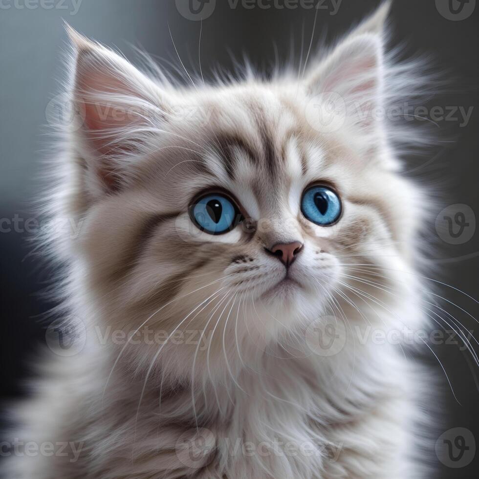 Adorable fluffy kitten with sapphire eyes, cream gradient fur and curious look on soft blurred background. photo