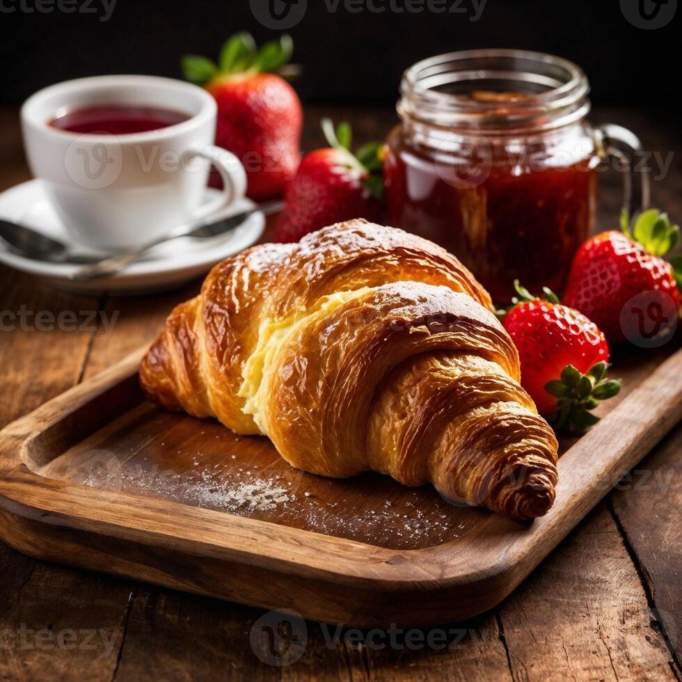 Golden puff pastry croissant with strawberry jam and fresh curls, rustic cafe atmosphere on a wooden tray. photo