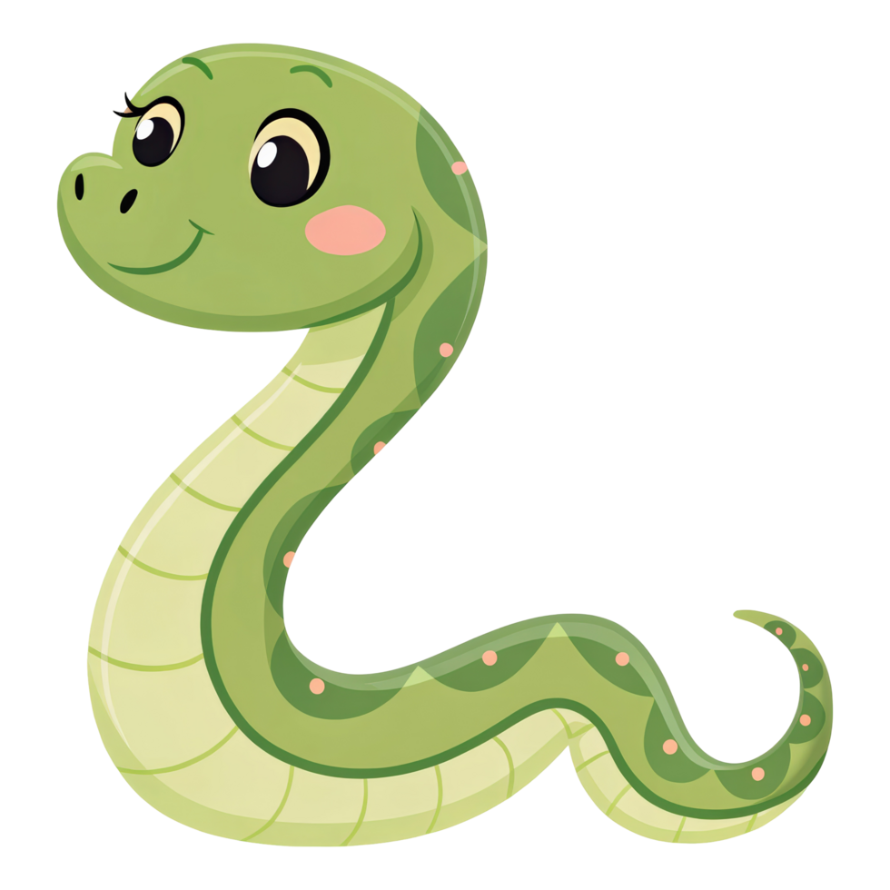 Friendly Green Cartoon Snake with Pink Cheeks png
