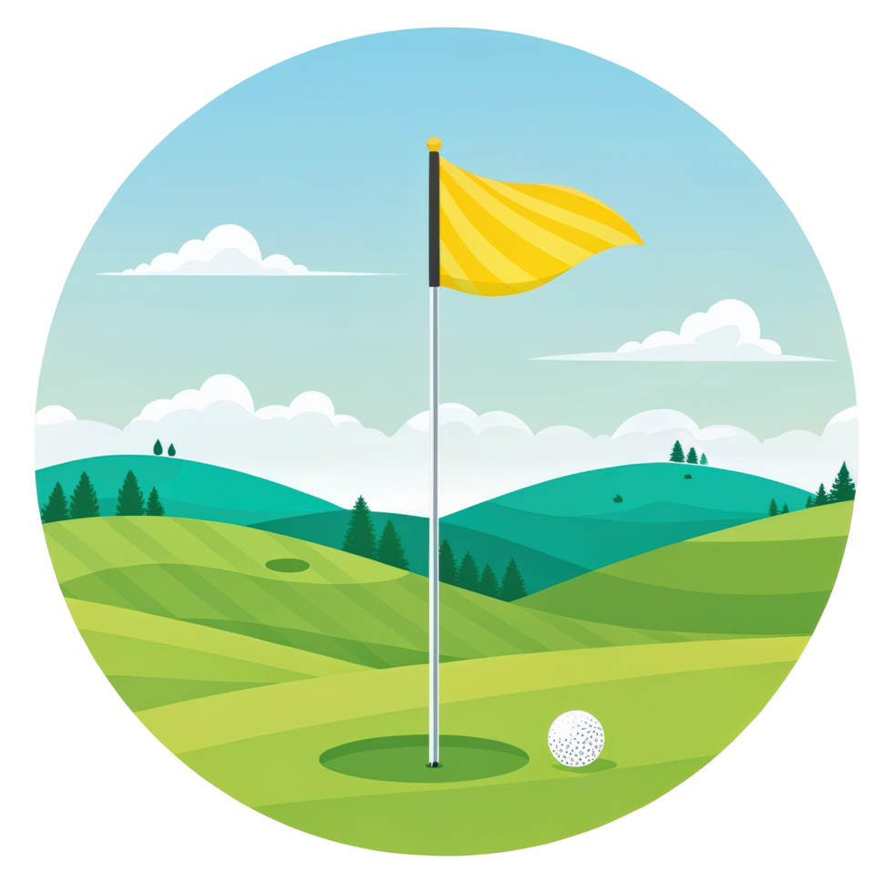 Golf Field Landscape with Flag, Hole, and Ball, Circular Design png