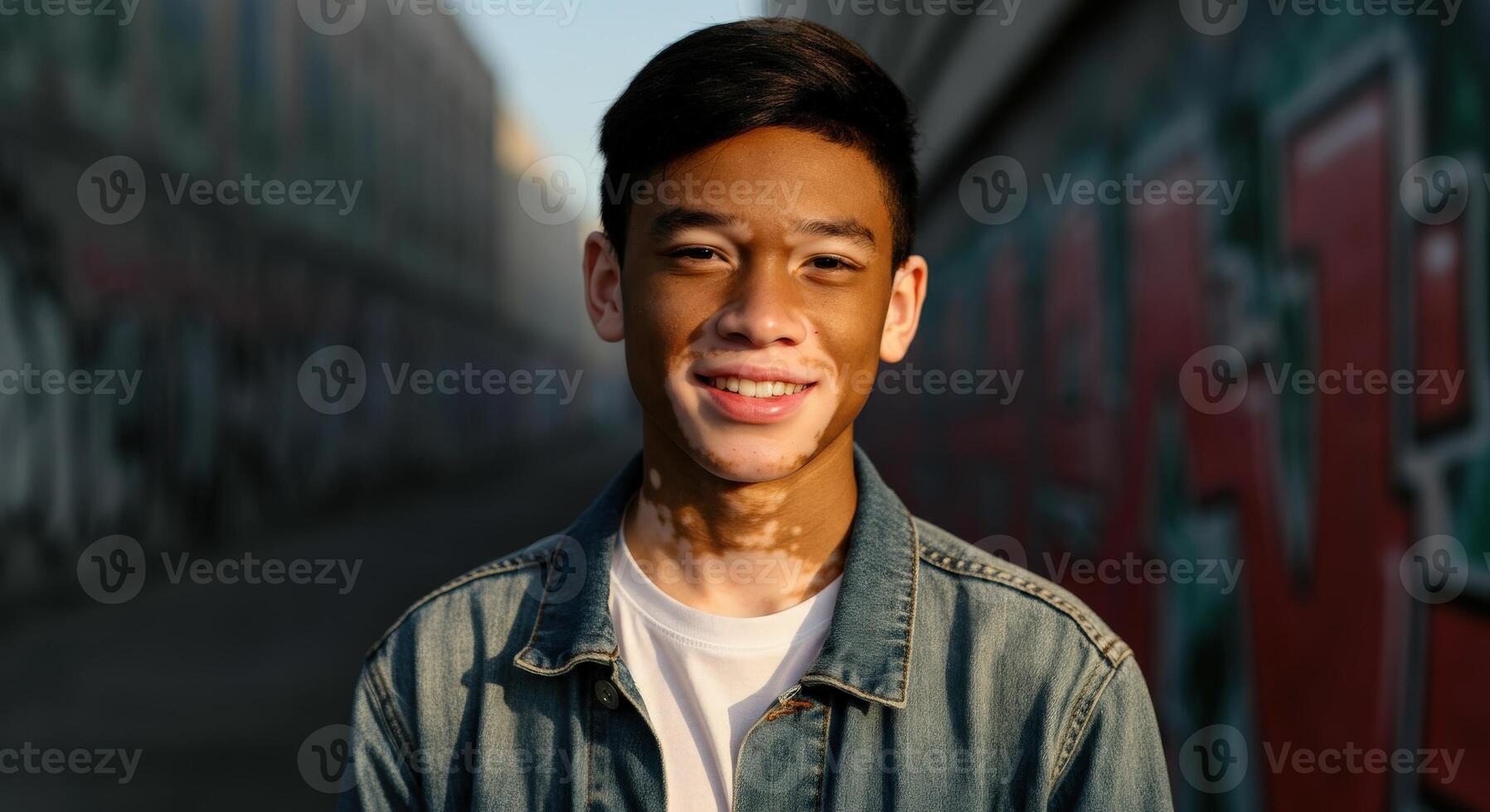 Young asian male with vitiligo smiling in urban graffiti alley at sunset photo