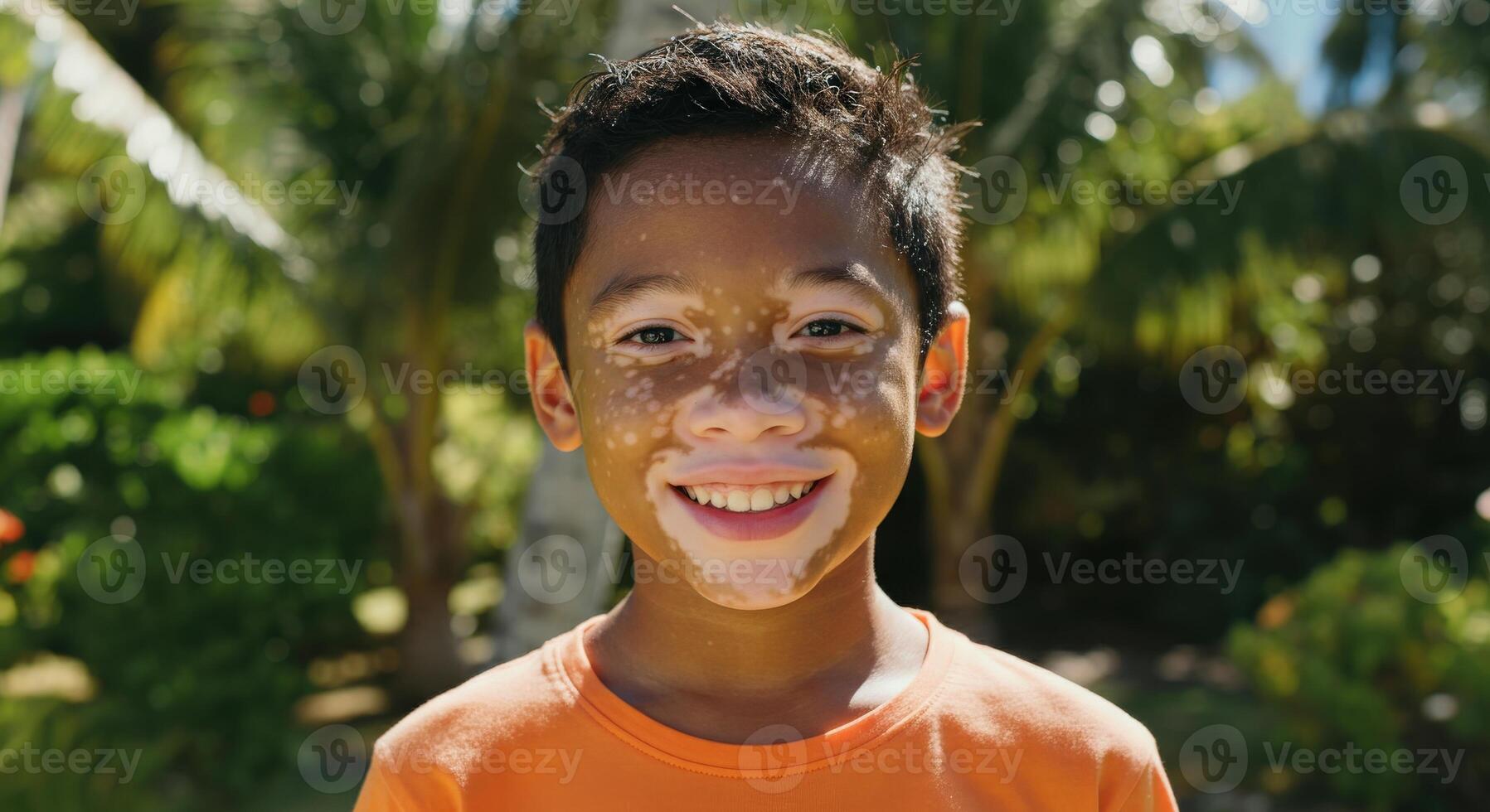 Young boy with vitiligo smiling in tropical garden setting photo