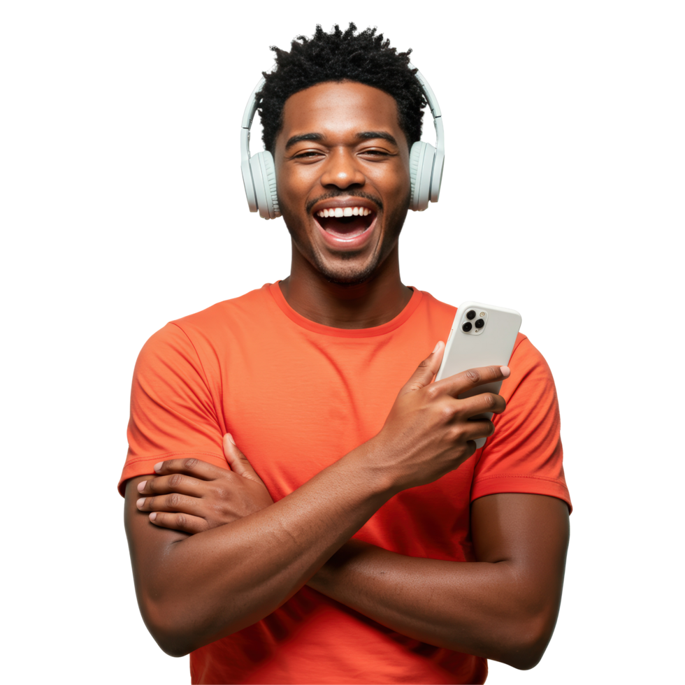 Cheerful Man with Headphones Listening to Music, Holding Smartphone, Isolated Portrait png