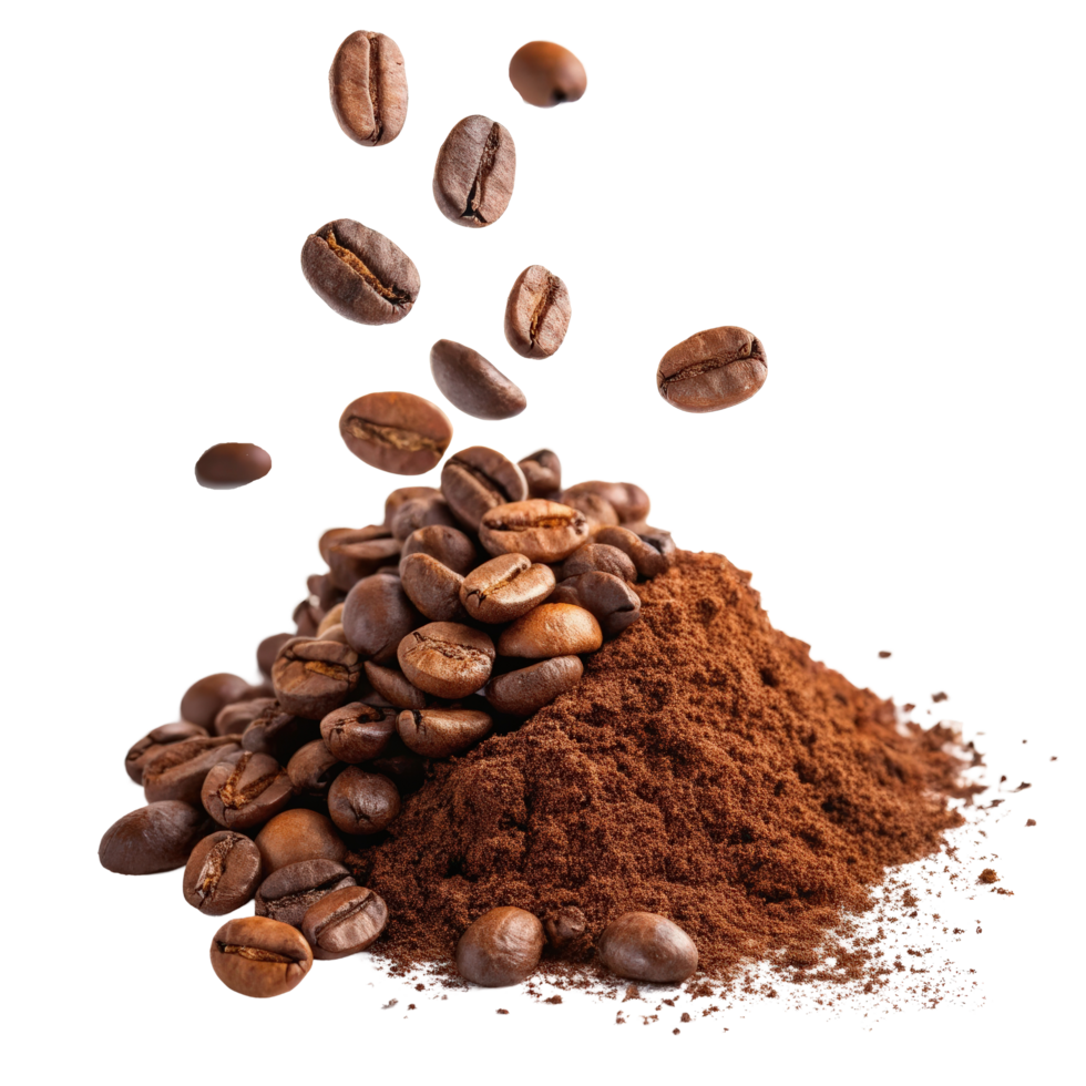 Roasted Coffee Beans with Pile of Ground Coffee png