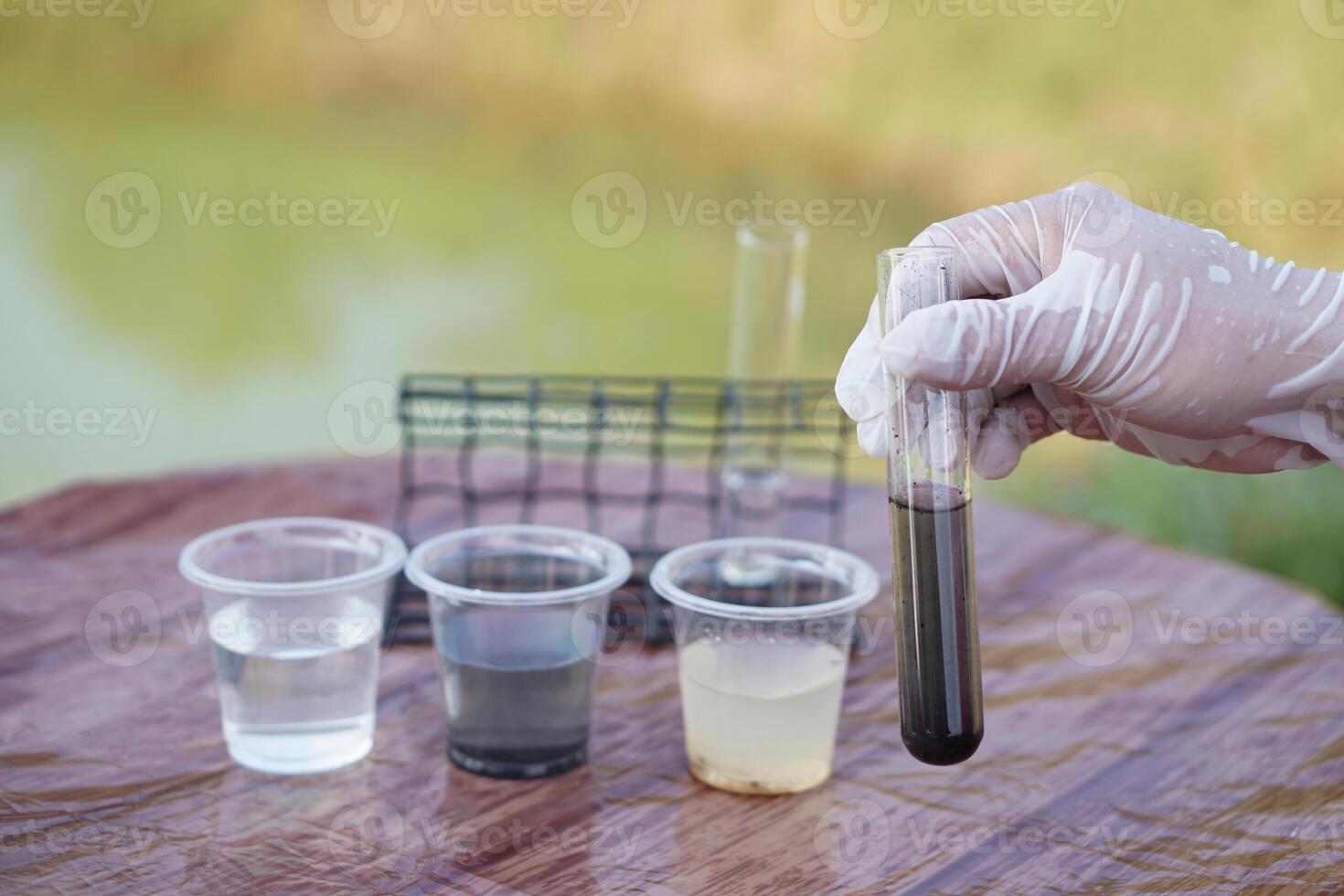 Scientist hand hold glass tube that contains sample of water to do science experiment. Concept Testing of water quality and contaminants from natural water sources photo