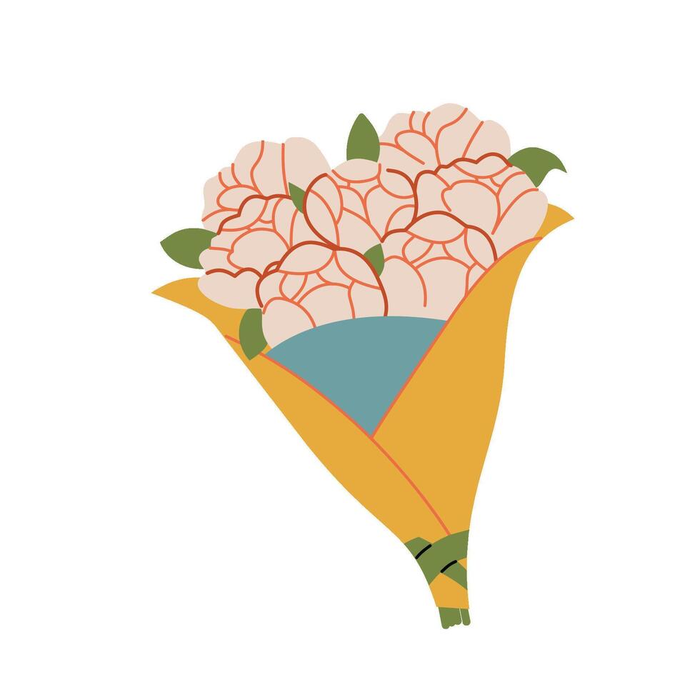 Bouquet of peonies. Bouquet of spring fresh flowers wrapped in gift paper. Holiday floral decor. Hand drawn. Colorful isolated illustrations vector